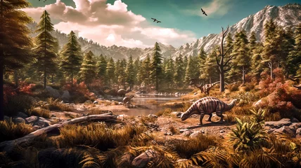 Wandcirkels tuinposter Animaux préhistoriques, dinosaures, paysage du temps des dinosaures - Générative IA © Concept Photo Studio