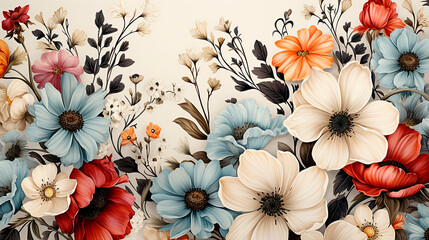 Decorative floral pattern: illustration of large flowers on a  light beige background. AI generated.