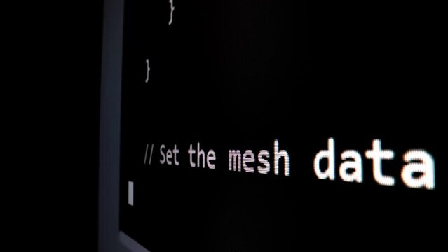 Closeup macro shot movement of coding script moving across LED screen with real-time AI-generated typing, showcasing advanced AI learning in optimization, debug and coding for software development.