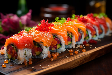 Colored sushi roll set, sushi close-up shot, on a dark background. Sushi with salmon. Asian food concept.