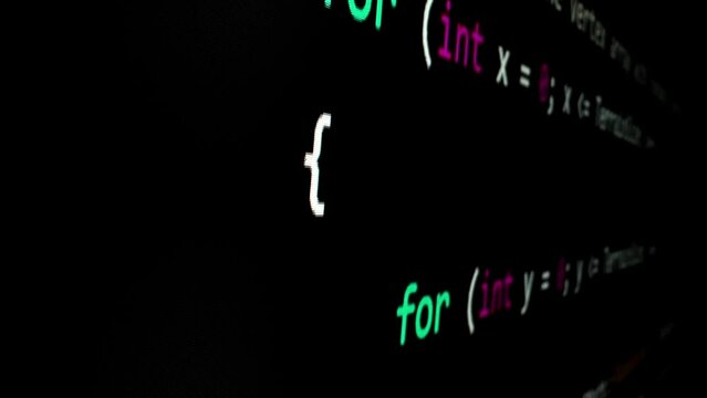 Closeup macro shot movement of coding script moving across LED screen with real-time AI-generated typing, showcasing advanced AI learning in optimization, debug and coding for software development.