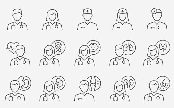 Doctor icons, such as cardiologist, dermatologist, gastroenterologist, pulmonologist, neurologis and more. Editable stroke.