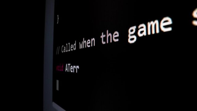 Closeup macro shot movement of coding script moving across LED screen with real-time AI-generated typing, showcasing advanced AI learning in optimization, debug and coding for software development.