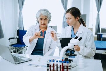 Two scientist or medical technician working, having a medical discuss meeting with an Asian senior...