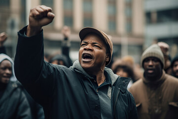 An African-American man with a raised fist protests during an anti-racist protest