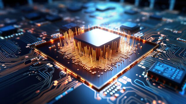 Advanced Technology Concept Visualization: Circuit Board CPU Processor Microchip Starting Artificial Intelligence Digitalization of Neural Networking and Cloud Computing. Digital Lines Move Data