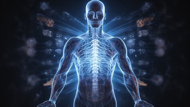 Healthcare, human body hologram with full body scan, bones, organs, joints, brain in futuristic HUD style.