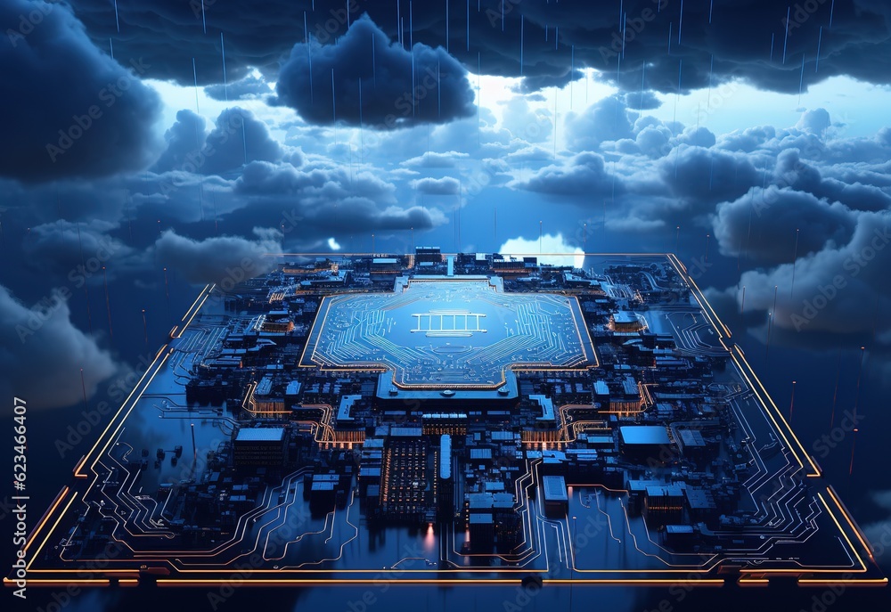 Poster futuristic blue neon microchip, data sharing and collection, smart new microchip concept. quantum co