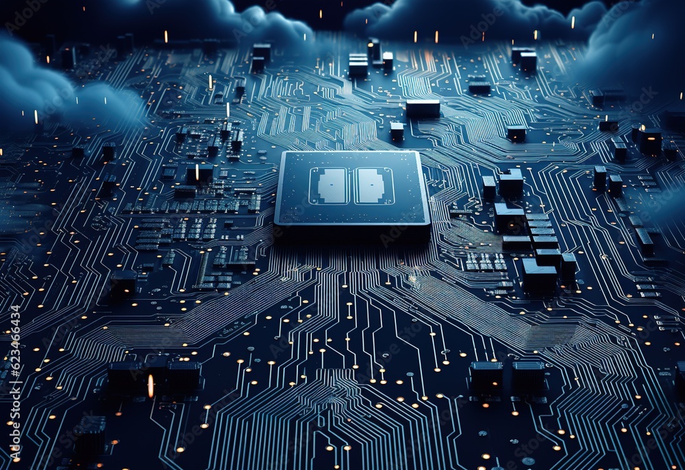 Poster futuristic blue neon microchip, data sharing and collection, smart new microchip concept. quantum co