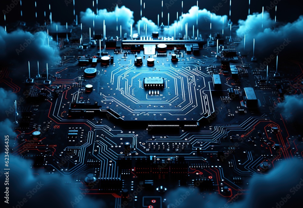 Poster futuristic blue neon microchip, data sharing and collection, smart new microchip concept. quantum co