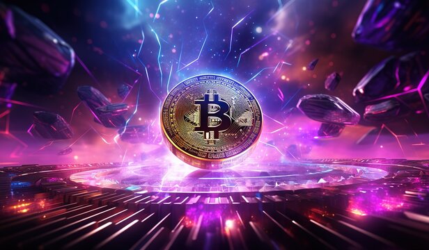 Gold coin bitcoin and defocused chart background. The concept of virtual cryptocurrency.