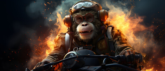 Naklejka premium an animated monkey with goggles on riding a motorcycle Generated by AI