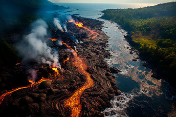 Fototapeta premium Lava flows from mountain, volcano eruption, evening aerial view. Generative AI