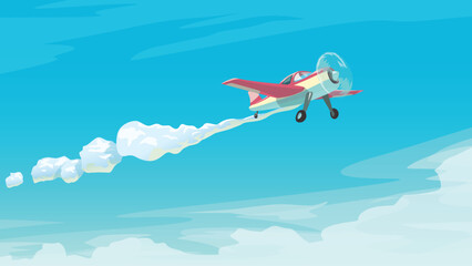 red small airplane in clouds blue sky
