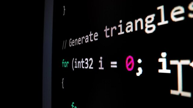 Closeup macro shot movement of coding script moving across LED screen with real-time AI-generated typing, showcasing advanced AI learning in optimization, debug and coding for software development.
