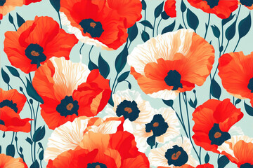 Abstract flowers background, red poppies flowers pattern wallpaper.