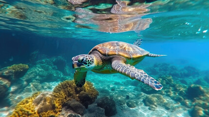 Fototapeta premium Serene Underwater Paradise: Sea Turtle and Vibrant Coral. Generative AI