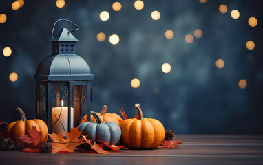 Blue lantern with burning candle on wooden floor decorated in autumnal style, pumpkins, maple leaves. Blurred bokeh lights. Concept of autumn. Copy space