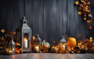 Obraz premium Lantern with candle and pumpkins autumn composition over blue wooden background. Rustic style. Copy space for holiday card.
