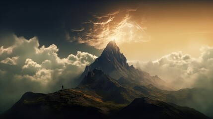 Fototapeta premium Beautiful mountain cloudy sky landscape with hiking tourists. Generative AI 1 