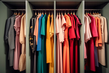 Vêtements sur des cintres, alignés sur un portant de boutique de mode ou de dressing - Générative IA - obrazy, fototapety, plakaty