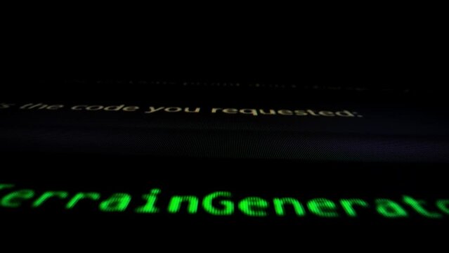 Closeup macro shot movement of coding script moving across LED screen with real-time AI-generated typing, showcasing advanced AI learning in optimization, debug and coding for software development.