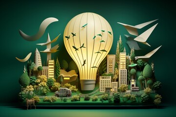 Fototapeta na wymiar Paper Art City with Light Bulb, Grass, Trees, and Forest Landscape, Generative AI