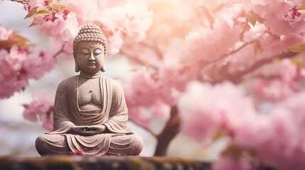 buddha statue with beautiful cherry blossoms in springtime on blurred background with copy space
