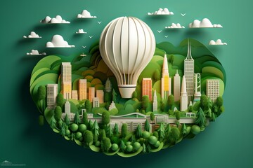 Festive Christmas Light Bulb with Cityscape and Cliffs on Green Background, Generative AI