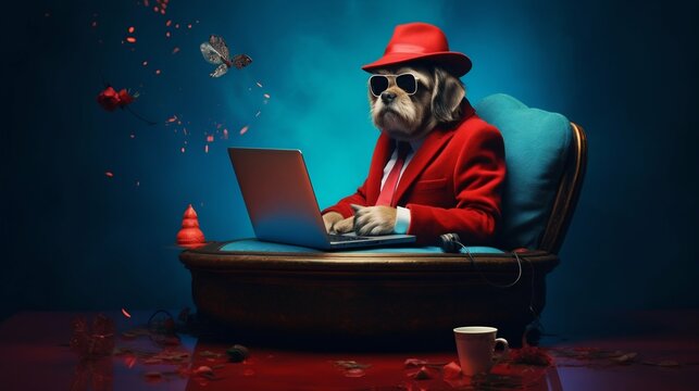 Dog Wearing a Red Hoodie Sitting at a Laptop. Generative ai