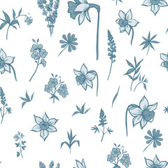 Daffodils floral design. plants and blossom seamless vector pattern. Sketch illustration. Print design for fabric, wallpaper, packaging