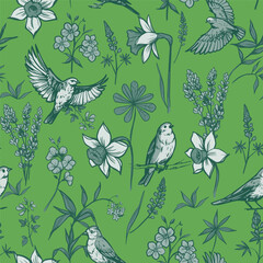 Flying birds with flowers. Floral design. Seamless vector pattern. Sketch illustration. Print design for fabric, wallpaper, packaging