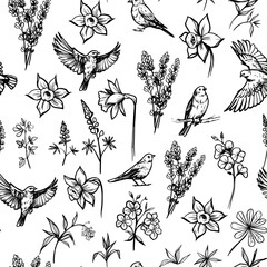 Flying birds with flowers. Floral design. Seamless vector pattern. Sketch illustration. Print design for fabric, wallpaper, packaging