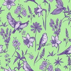 Papier Peint photo Ensemble nature aquarelle Flying birds with flowers. Floral design. Seamless vector pattern. Sketch illustration. Print design for fabric, wallpaper, packaging
