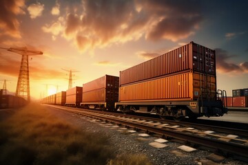 Obraz premium Freight Transportation Delivering Cargo Containers via Land Vehicle and Railroad Track. Generative ai