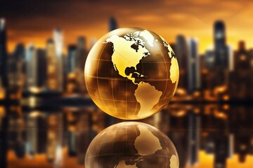 Golden Globe Earth, Finance Concept of Global Business with Skyscrapers Bokeh in the Background. Generative ai