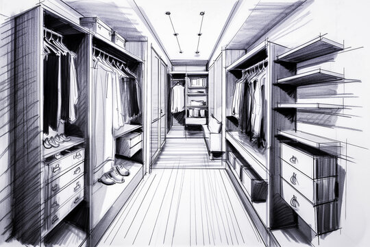 Dessin d'architecte d'int&eacute;rieur, dressing, rangement des v&ecirc;tement - G&eacute;n&eacute;rative IA