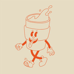 Retro poster with coffee mascot, cartoon characters, funny line doodle style characters, cappuccino, cocoa, latte, espresso. Vector illustration on beige isolated background.