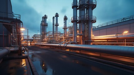Transportation of Natural Gas via Metal Pipes from Petrochemical Plant at Dusk. Generative ai