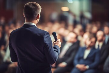 Businessman Giving a Speech on Stage during a Seminar. Generative ai