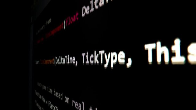 Closeup macro shot movement of coding script moving across LED screen with real-time AI-generated typing, showcasing advanced AI learning in optimization, debug and coding for software development.