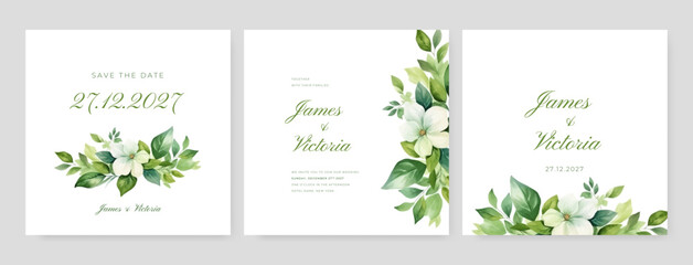 Floral watercolor wedding invitation template. Colorful leave and flower background. Greeting card.