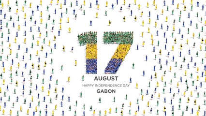 Happy Independence Day Gabon. A large group of people form to create the number 17 as Gabon celebrates its Independence Day on the 17th of August.4K Animation Video.