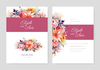 Floral watercolor wedding invitation template. Gold leave and flower background.