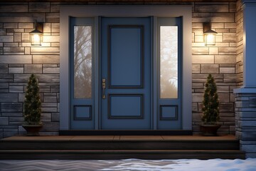 Welcoming Blue Front Door with Wooden Porch and Deck, Realistic Lighting, Generative AI