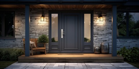 Welcoming Blue Front Door with Wooden Porch and Deck, Realistic Lighting, Generative AI
