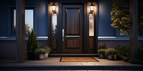 Welcoming Blue Front Door with Wooden Porch and Deck, Realistic Lighting, Generative AI