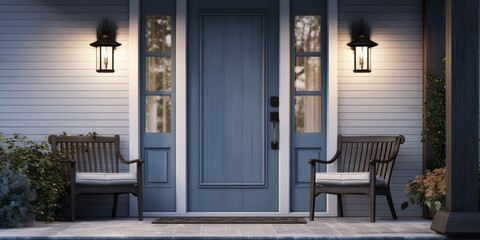 Cozy Winter Welcome: Gray Front Door with Outdoor Furniture and Festive Holiday Decor, Generative AI
