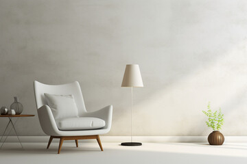 Minimalist light color interior with a white armchair and lamp. AI generated