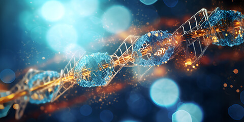 A close up of a DNA strand with blue and orange colors, DNA structure, generative Ai